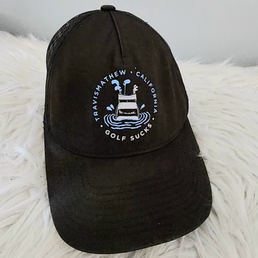 Travis Mathew golf sucks California snapback truckers hat black